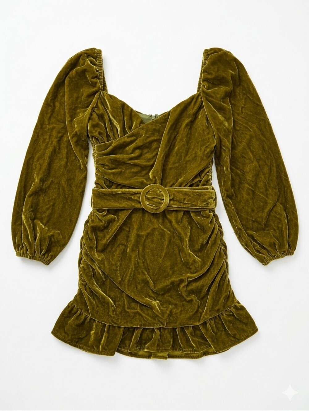 Revolve Tularosa Rosa Dress in Moss Green Velvet Mini Ruffle Lomg Sleeve Size S